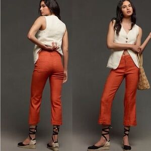 Anthropologie Maeve Linen 70s Slim Crop Pants Orange High Rise Cropped Trousers